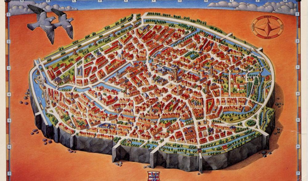 Den medeltida handelsstaden Brügge var centrum för handeln mellan Västeuropa och Medelhavsområdet fram till 1500-talet. I dag en populär turistdestination. Illustration: Vykort.