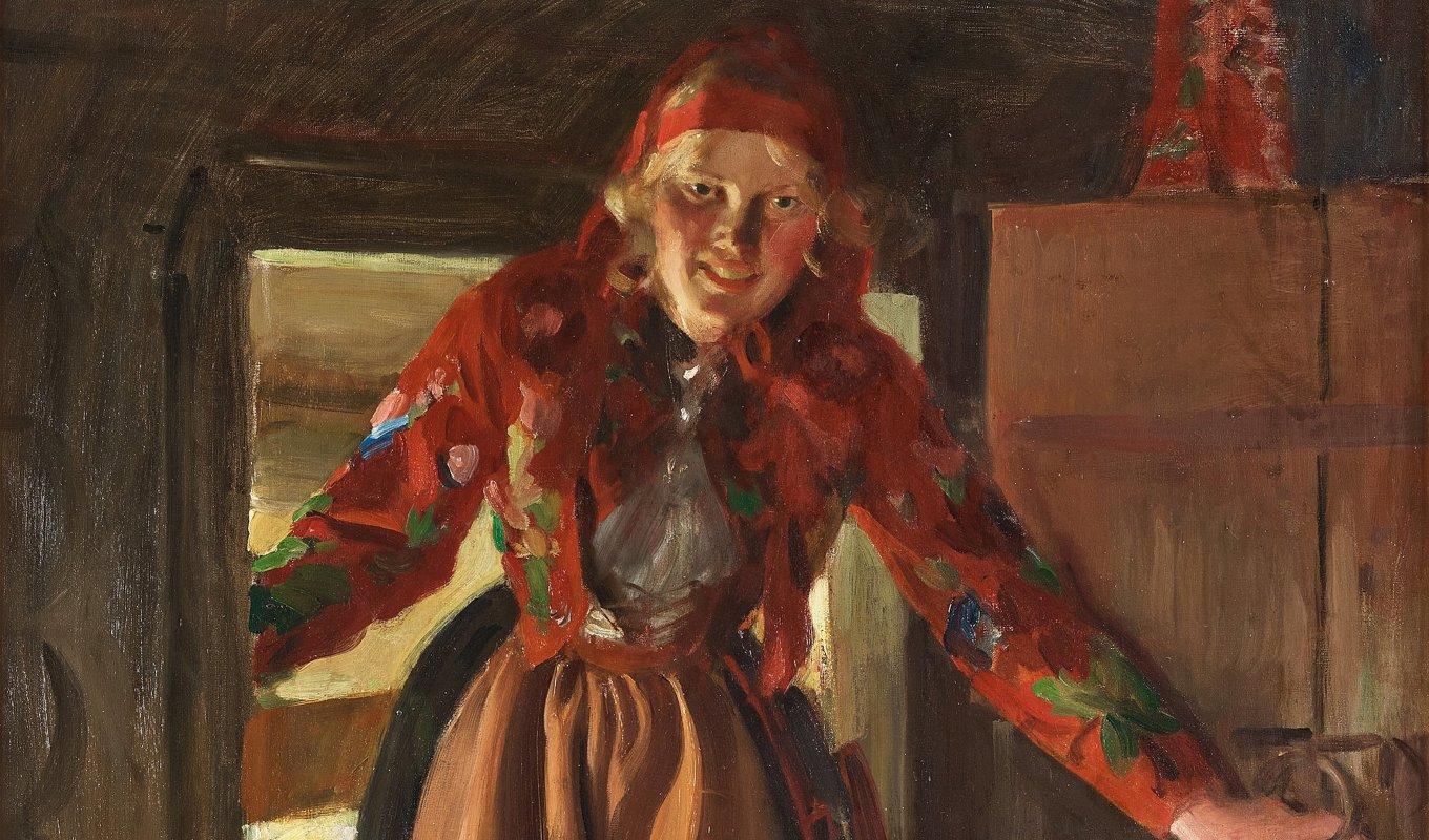 Konstnären välkomnar en kulla i Flodadräkt in i stugan. Dalkulla en face, målning av Anders Zorn (1860–1920). Foto: Public Domain