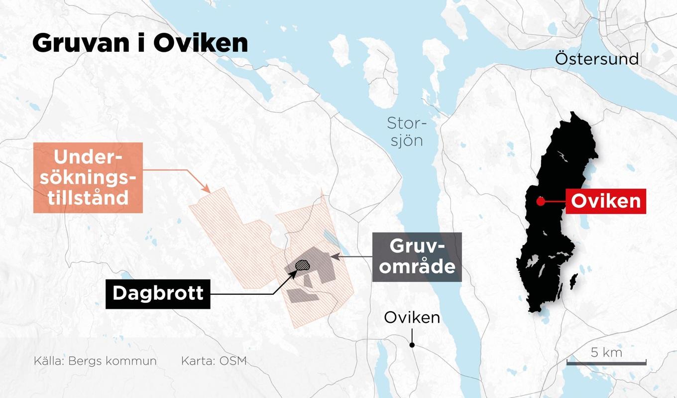 Kartan visar Aura Energys planer på en gruva i Oviken i närheten av Östersund. Foto: Anders Humlebo/TT