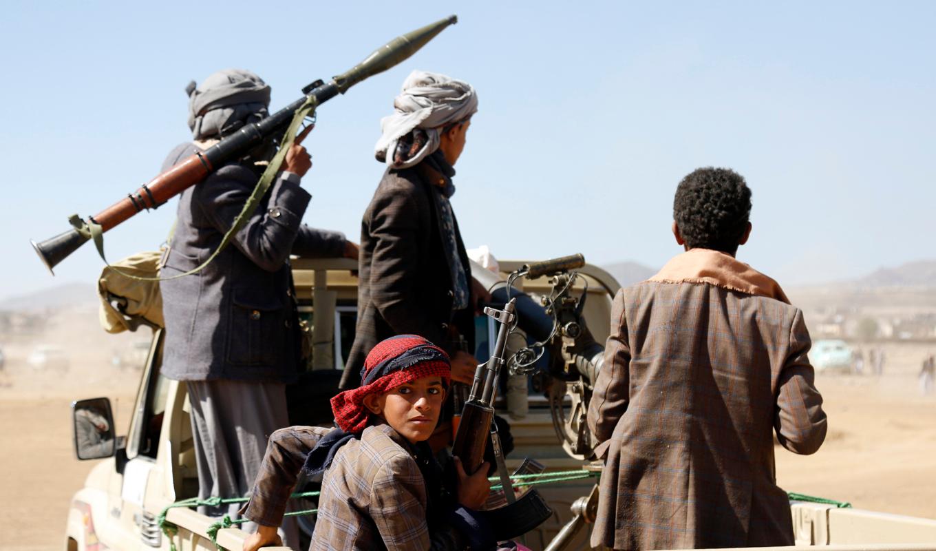 Huthimilis nära Jemens huvudstad Sanaa, som den kontrollerar. Arkivbild. Foto: AP/TT