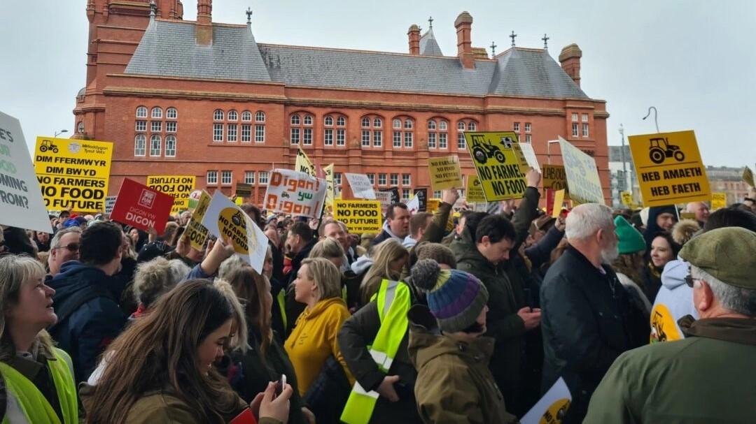 Walesiska bönder protesterar utanför parlamentsbyggnaden, Senedd, i Cardiff den 28 februari. Foto: Joseph Robertson