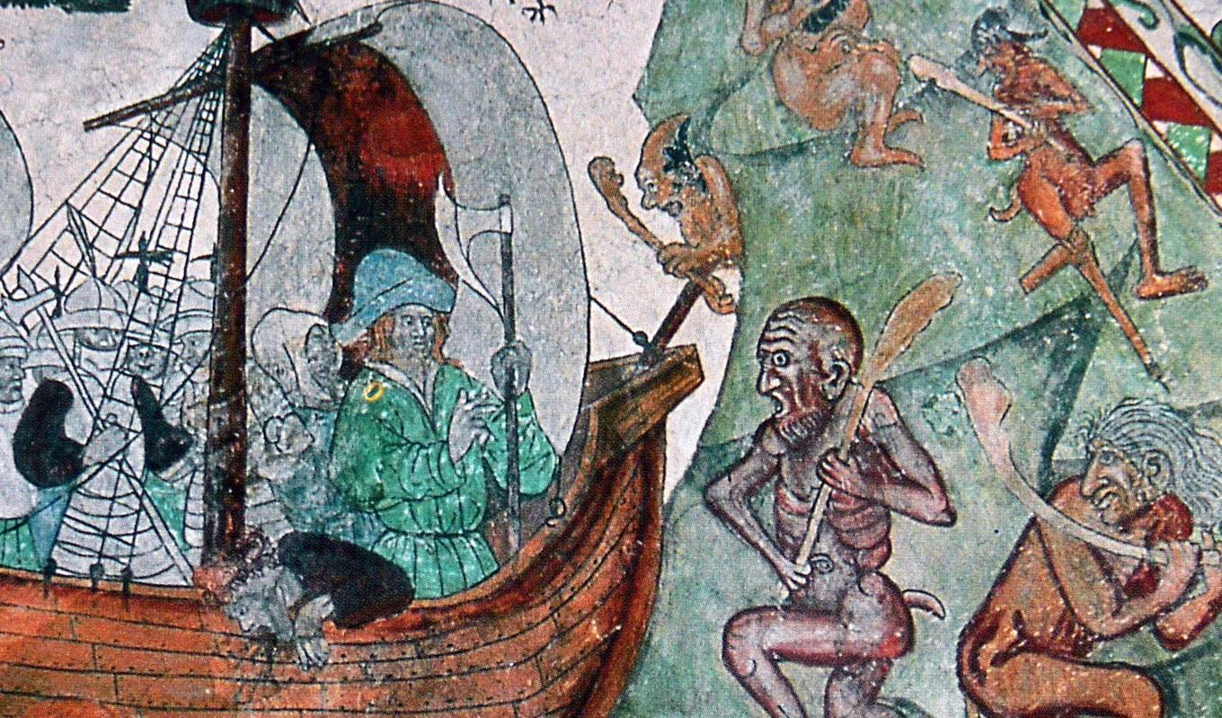 I Dingtuna kyrka målade Albertus Pictor under sent 1470-tal valvet och väggarna. Bland motiven finns Olof den Helige ombord på ett skepp, hållande sitt helgonattribut: yxan. Foto: Public Domain