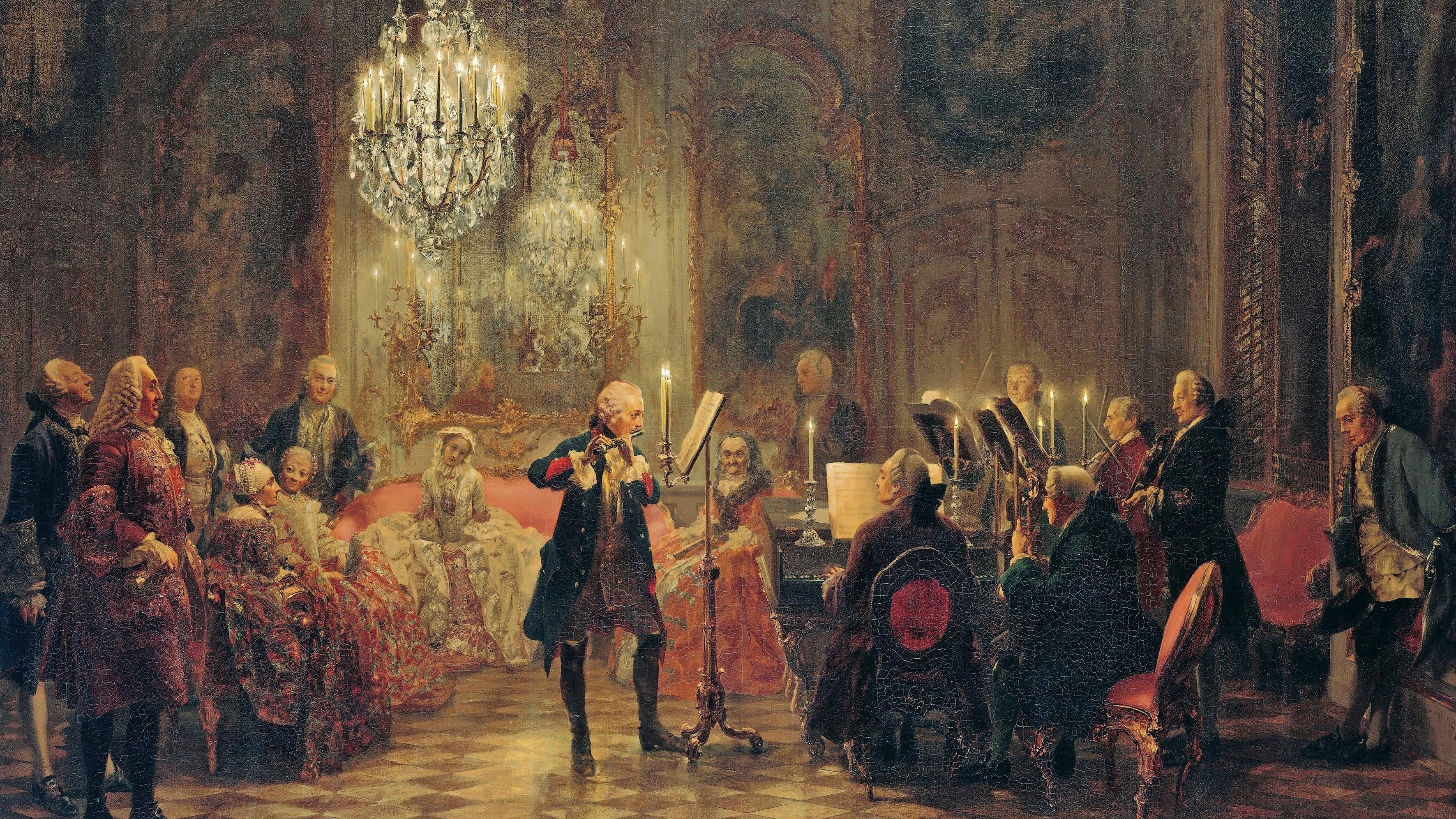Konsert i Sanssouci med Fredrik den store på flöjt och Carl Philipp Emanuel Bach vid cembalon. Målning av Adolph von Menzel (1815–1905). Foto: Public Domain