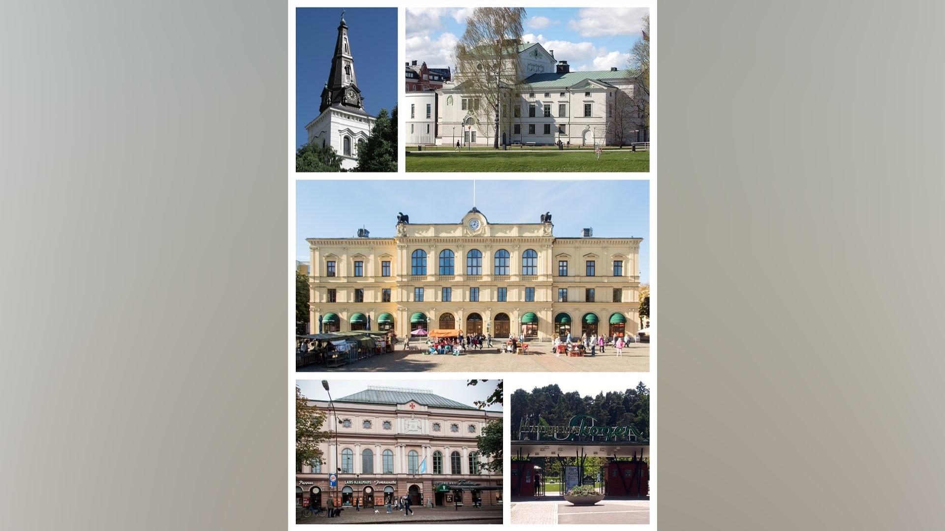 Karlstads domkyrka, teatern, Rådhuset och Frimurarelogen – byggnader som minner om svensk storhetstid och kan kränka någon. Foto: Public Domain