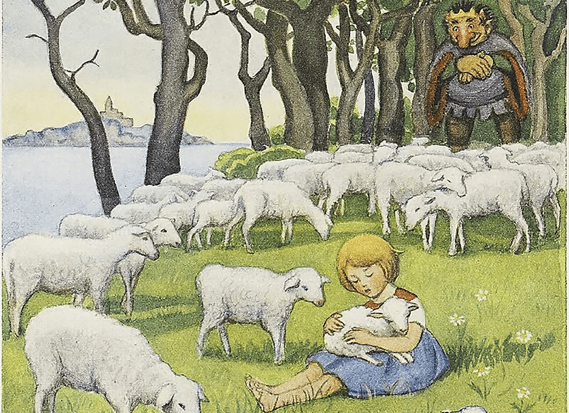 Kajsa sjunger för lammet, trollkungen står i bakgrunden och uppskattar sången. Illustration av Elsa Beskow (1874–1953). Foto: Public Domain