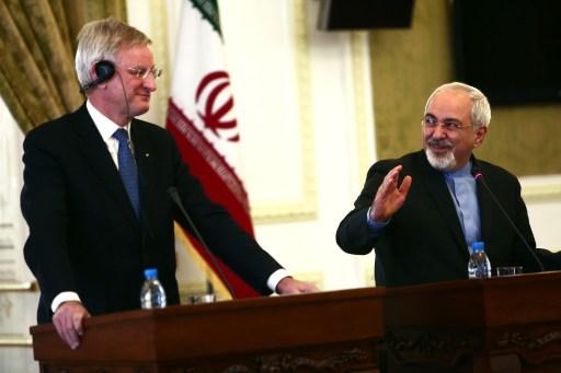 Irans utrikesminister Mohammad Javad Zarif gestikulerar under en presskonferens med kollegan Carl Bildt, i Teheran den 4 februari, under Bildts officiella besök i Iran. (Foto: Behrouz Mehri / AFP)