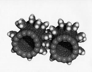 NASA Ames Research Center i Kalifornien forskar inom den teknologi på molekylärnivå som kallas nanoteknologi. Fotografiet föreställer två kugghjul av fullerener (en av de former som kol förekommer naturligt i, vanligen klot- eller tubformad) med många kuggar. Forskarna har fäst benzynmolekyler utanpå en nanotub och skapat växelkuggar. (http://grin.hq.nasa.gov)
