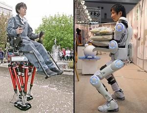 Den tvåbenta roboten WL-16 III (till vänster) kan bära en människa och gå ned för trappor. ”Hybrid Assistive Limb” (till höger) används på bilden av en man och bär en tyngd på 30 kg. (Foto: Koichi Kamoshida och Yoshikazu Tsuno/AFP/Getty Images)