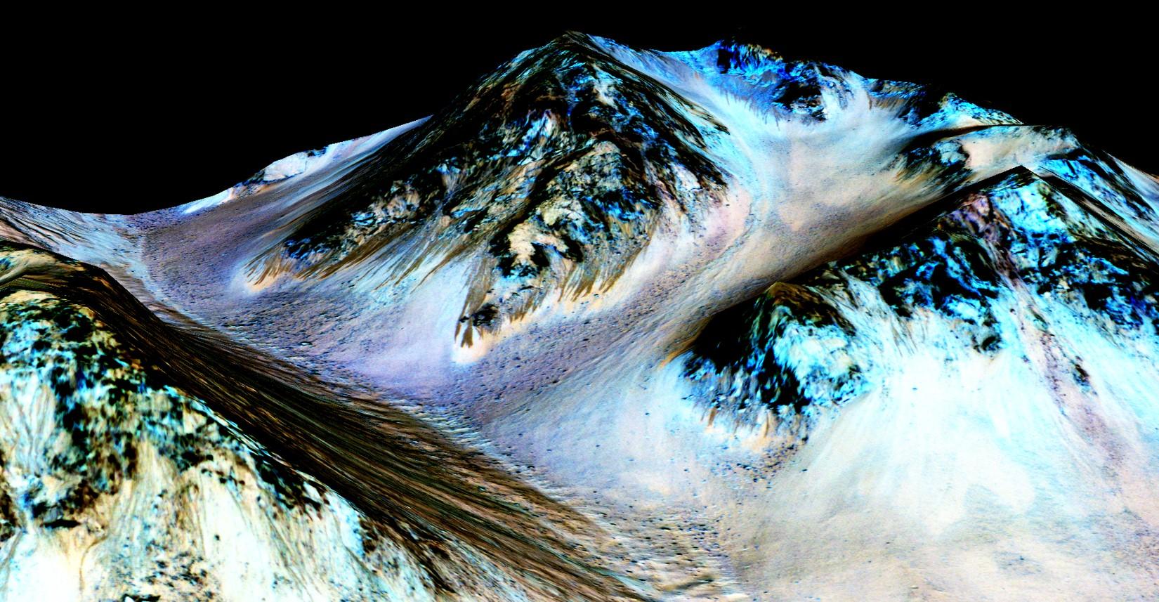 En renderad bild av planeten Mars yta. De mörka, smala, 100 meter långa banden på bilden tros ha formats av rinnande vatten. (Nasa/JPL/UNiversity of Arizona)