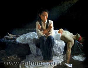 Ett av verken som visas på utställningen med titeln "Tragedi i Kina". 
