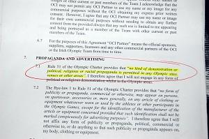 Avsnitt om propaganda och annonsering ur de irländska lagmedlemmarnas kontrakt för OS 2008. (Foto: Epoch Times)