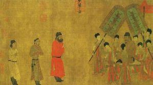 Kejsare Taizong som regerade mellan 626-649, tar här emot Ludongzan, Tibets ambassadör, vid sitt hov. Målad av Yan Liben år 641.
