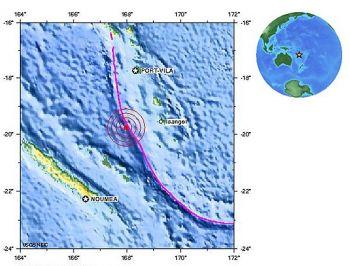 Jordbävningsområdet utanför Vanuatu: Karta över jordbävningsområdet den 25 december klockan 14.16 svensk tid.
