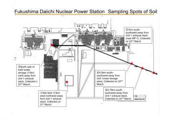 Tokyo Electric Power Co (TEPCO) har samlat in jordprover från fem provtagningsplatser vid Fukushima Daiichi kärnkraftverk i Japan den 21 och 22 mars.  (Med tillstånd av TEPCO)