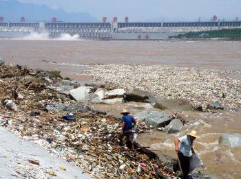 Upprensningsarbete längs Yangtzefloden, nära Tre raviners damm i Yichang, Hubeiprovinsen, 1 augusti 2010. (Foto: AFP/Getty Images)