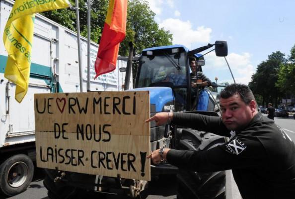 Mjölkproducenter protesterade runt EU-rådets kvarter i Bryssel den 18 juni 2009, inför EU-toppmötena som hölls i dagarna. (Dominique Faget/AFP/Getty Images)