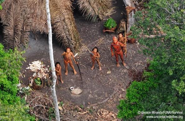 Ett flygfoto av en isolerad stam i Amazonas regnskog. De här människorna lever i gränstrakterna mellan Peru och Brasilien. Bilden tagen 2011. (Foto: © Gleison Miranda/Funai/ Survival /UncontacTedtribes.org /BrazilPhotos)