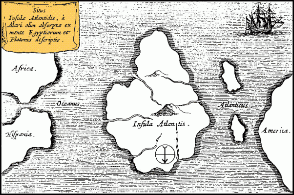 Ett omskrivet förslag för Atlantis historiska läge är att det var en kontinent mitt i Atlanten som sjönk. Här ses Athanasius karta över Atlantis mitt i Atlanten. Kartan ritades 1669 och har söder i topp. Men nu visar forskare på att Atlantis ligger, liksom i Platons beskrivning, söder om Spanien. (Foto: public domain)