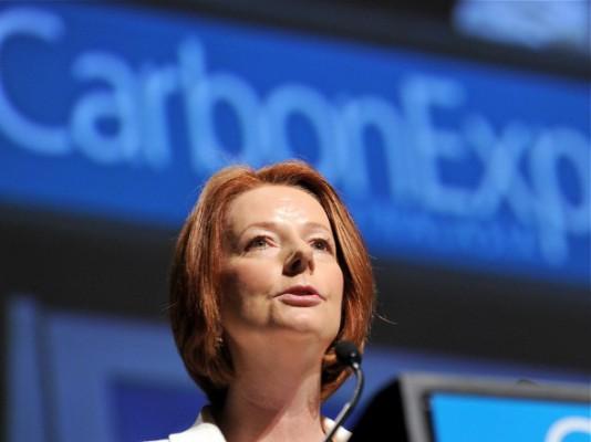 Australiens premiärminister Julia Gillard talar under Carbon Expo Australien, i Melbourne, den 9 november, 2011. (Foto: William West / AFP / Getty Images)