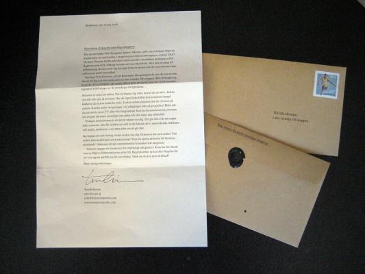 Brevet som Tom Eriksson skickar till medlemmar i OS-truppen för att uppmuntra till en tyst protest mot människorättsbrotten i Kina. (Foto: Tom Ericsson)
