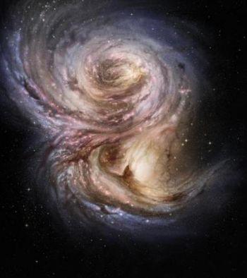 Artistens bild av den avlägsna galaxen SMM J2135-0102 visar stora ljusstarka moln med en storlek på några hundra ljusår, vilka är platser där stjärnor bildas. (Foto: ESO/M. Kornmesser)  