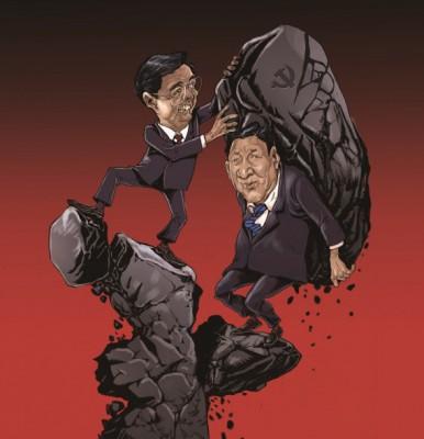 Kinesiska kommunistpartiets chef Hu Jintao överlämnar den tunga frågan om vem som ska bli partiets nästa ledare till viceordföranden Xi Jinping. (Illustration: Daxiong / Epoch Times)