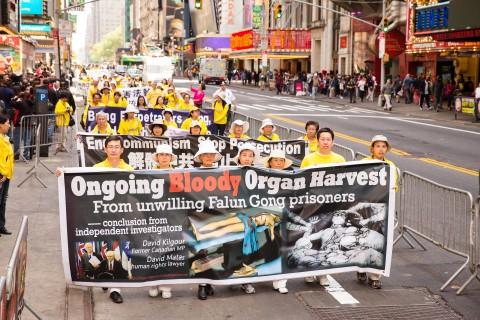 Falun Gong-utövare håller upp en banderoll med information om de organstölder från utövare som fortfarande pågår i Kina. Foto: Edward Dai /Epoch Times
