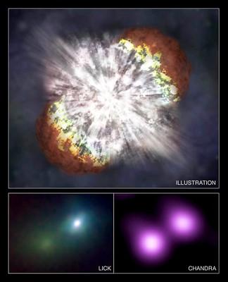 USA: en illustration från den 8 maj, visar supernovan, SN 2006gy (överst) som ligger 240 miljoner ljusår bortanför, i en galax som kallas för NGC 1260SN. Den vänstra bilden (underst) är en infraröd bild, från Lick Observatoriet, som visar galaxen där den exploderade stjärnan SN 2006gy finns. Den högra bilden (underst) är Chandra's röntgenbild av samma galax, och visar kärnan av NGC 1260 och SN 2006gy. (Foton: AFP/ HO) (Illustration: NASA/CXC/M.Weiss; X-ray: NASA/CXC/UC Berkeley/N.Smith et al.; IR: Lick/UC Berkeley/J.Bloom &amp; C.Hansen)