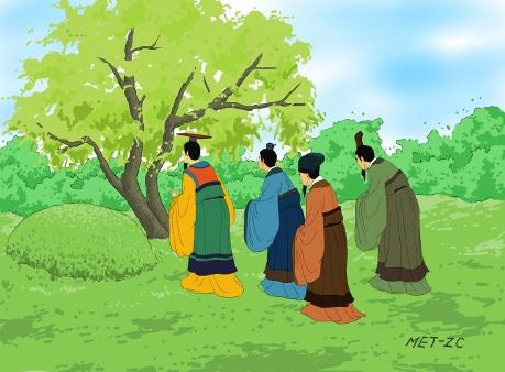 När Chong Er, Jin-statens kung, följande år besökte Jies grav, fann han att det brända pilträdet trots allt levde. Det var som om Jie hälsade dem och uppmuntrade kungen att vara ren och klar. (Illustratör: Zhiching Chen, Epoch Times)
