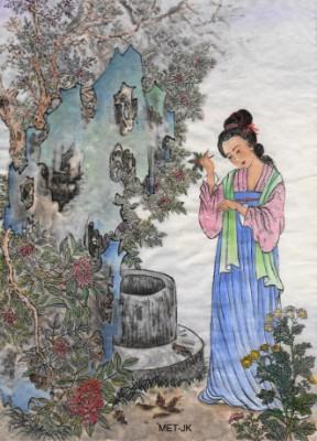En kvinna plockar Zhuyu till Chongyanghögtiden. (Illustration: Jane Ku / Epoch Times)
