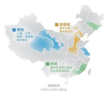 En karta över cancerfall i Kina. Cancertalen är höga i hela landet på grund av att regimens tillväxtmodell har orsakat omfattande miljöföroreningar. (Foto: Weibo.com)