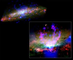 GIGANTISKT: En het båge av gas, över två miljoner ljusår lång, sträcker sig genom galaxklustret 3C438. (Foto: Nasa/ CXC/ U North Carolina/ G. Cecil/ Getty images)