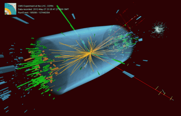 Experiment vid CMS-detektorn i Cern 2012. Experimentet uppvisar de förväntade egenskaperna vid ett sönderfall av Higgsbosonen till två Z-bosoner. Den ena sönderfaller sedan till elektroner (gröna linjer) och den andra sönderfaller till muoner (röda linjer). (Bild: Cern)