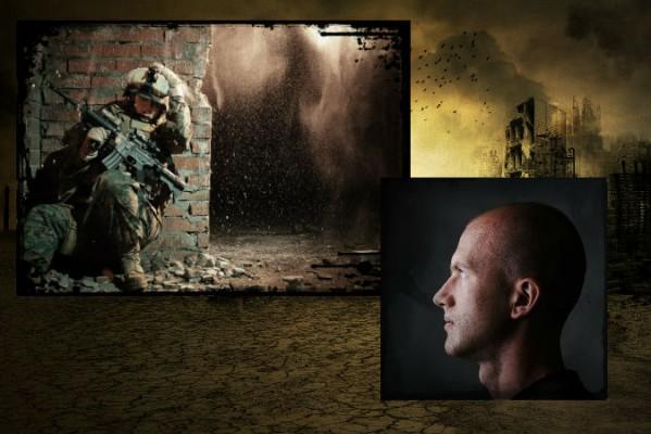 Bild på en soldat i krig och en tittande man. (Shutterstock) I bakgrunden en illustration av ett krigshärjat område. (JM Gehrke/iStock/Thinkstock)
