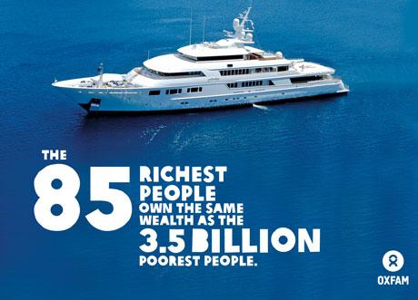 (Foto: Oxafam) Oxfam Internationals rapport visar att världens 85 rikaste personer har en sammanlagd förmögenhet som motsvarar  tillgångarna hos 3,5 miljarder av världens fattigaste människor.
