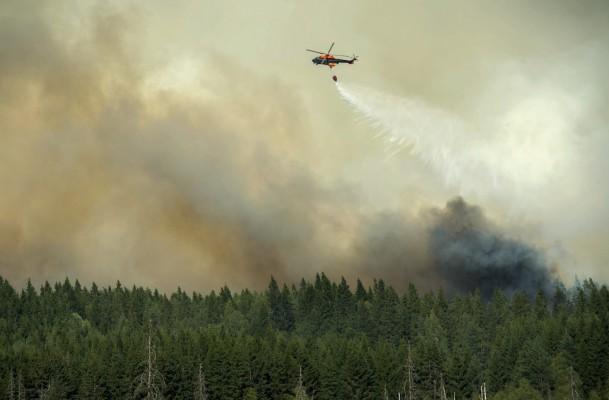 En helikopter släpper ned vatten vid skogsbrandens gräns nära det evakuerade samhället Gammelby nära Sala, den 4 augusti 2014. Den bedöms vara den värsta skogsbranden i Sverige i modern tid. (Foto: Fredrik Sandberg/ AFP/ Getty Images)