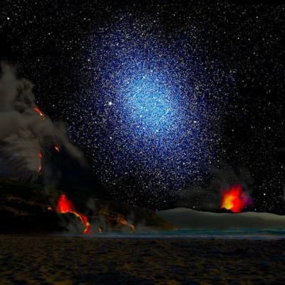 En konstnärs vision av en dvärggalax sedd från ytan på en hypotetisk exoplanet. (Foto: David A Aguilar)

