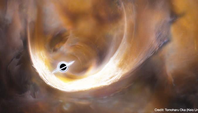 En illustration av gas som virvlar runt ett svart hål. (Foto: Keio University / NOAJ)