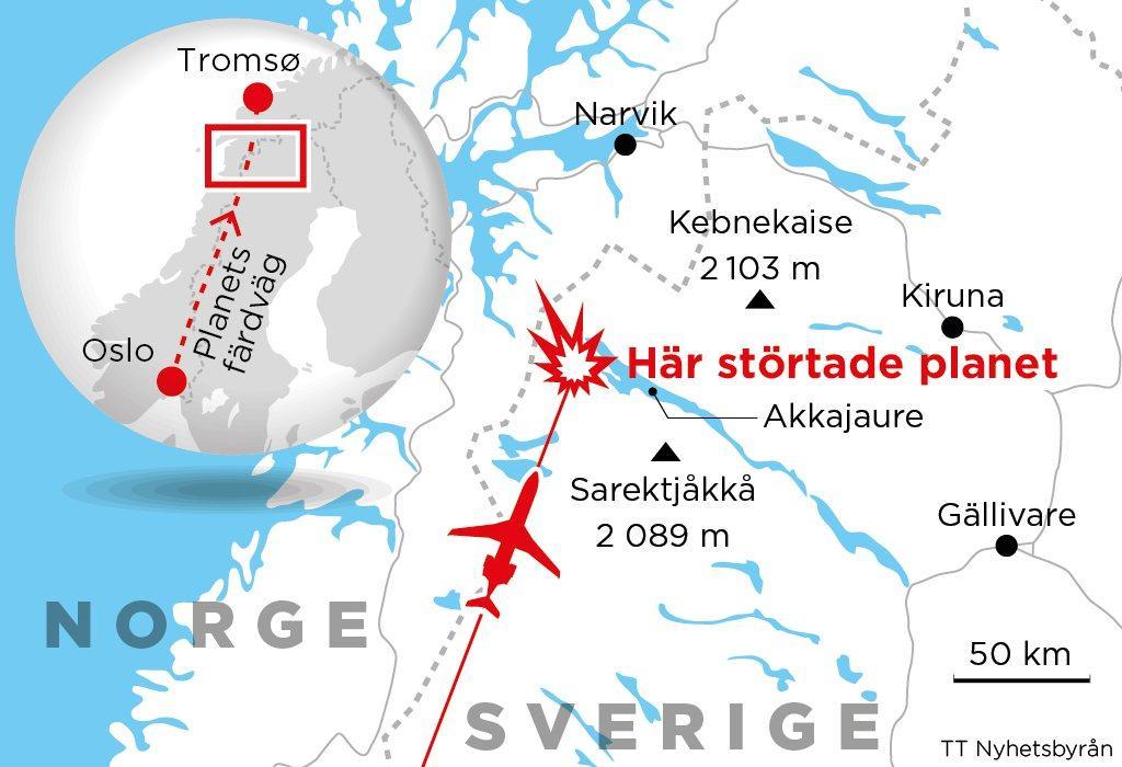 Postflygplanet har hittats, mellan sjön Akkajaure och norska gränsen. (Foto: TT)