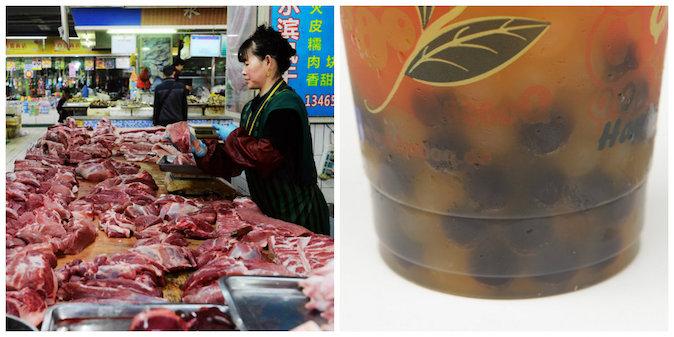 Kina fortsätter att ha stora problem med livsmedelssäkerheten. Kött och bubbel-te (dock inte det som syns på de här bilderna) spelade huvudrollerna i några av 2015 års kinesiska matskandaler. (Foto: STR/AFP/Getty Images och Sean Gallup/Getty Images)