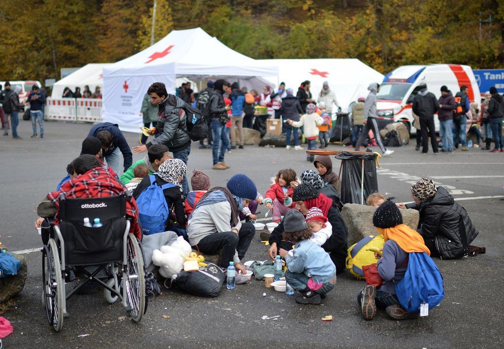 Flyktingar och migranter väntar vid den tyska gränsen mot Österrike i oktober förra året. (Arkivbild. Kerstin Joensson/AP/TT)