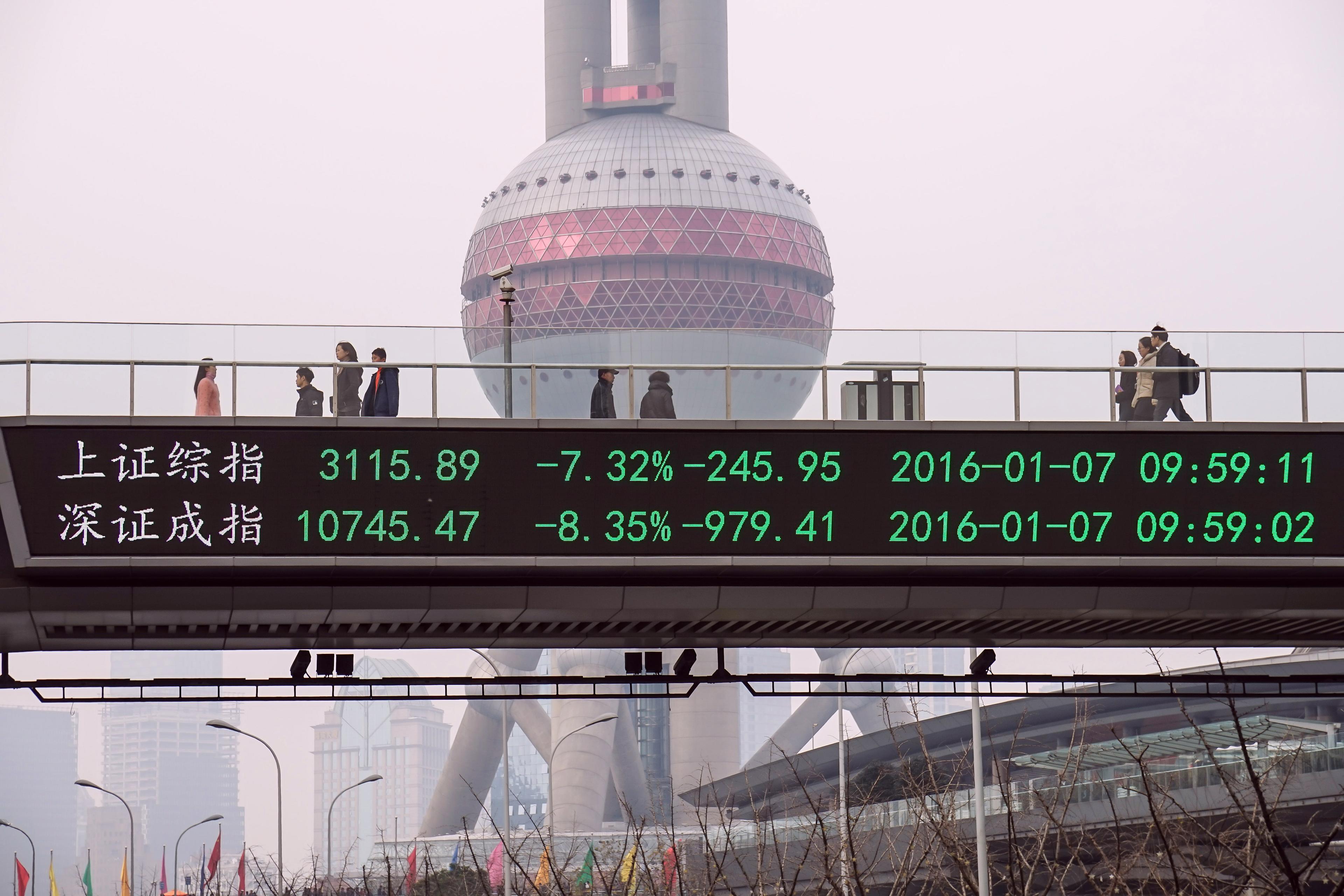 Det går inte att missa aktuella börskurser i centrala Shanghai. Tavlan visar börskurserna i Shanghai och i Shenzhen. Bilden från 7 januari tidigare i år. (Foto: STR/AFP/Getty Images)