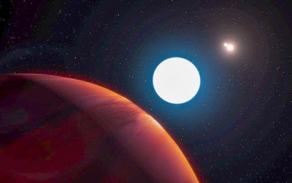 På 320 ljusårsavstånd, i stjärnbilden Kentauren, finns en planet med tre solar. Planeten är en gasjätte, fyra gånger så stor som Jupiter. (Illustration: ESO/L. Calcada)