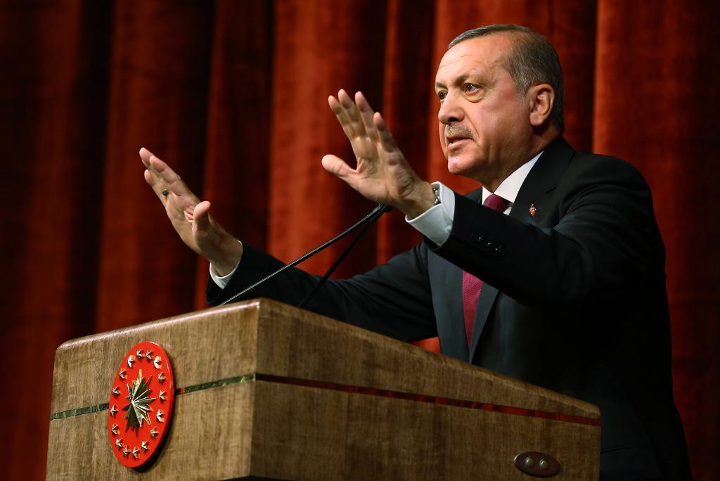 Turkiets president Recep Tayyip Erdogan under sitt tal på fredagen. (Foto: Pool/AP/TT)