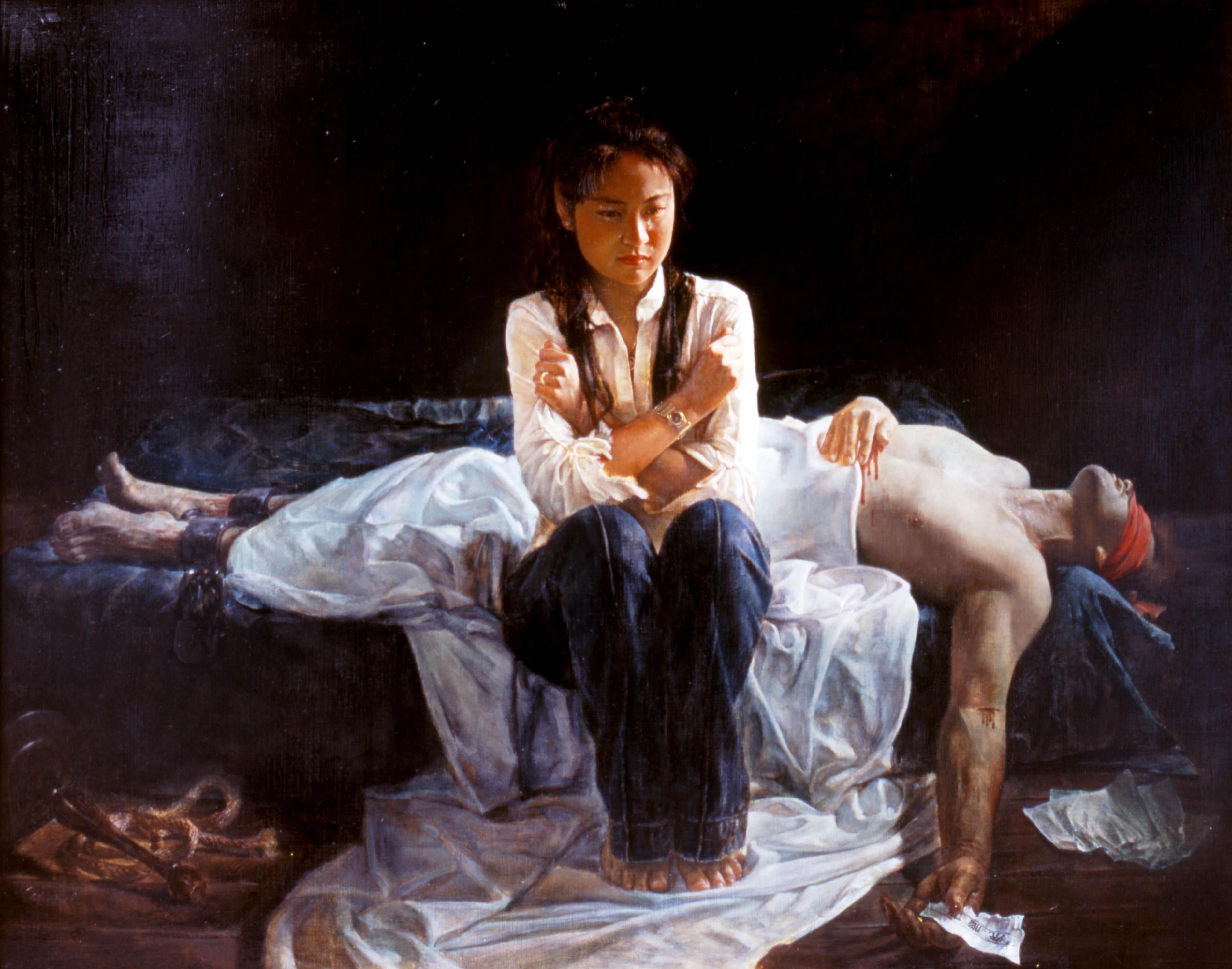 "Tragedi i Kina", av Li Yuan, en av tavlorna från utställningen "The Art of Zhen Shan Ren". (Pressbild)