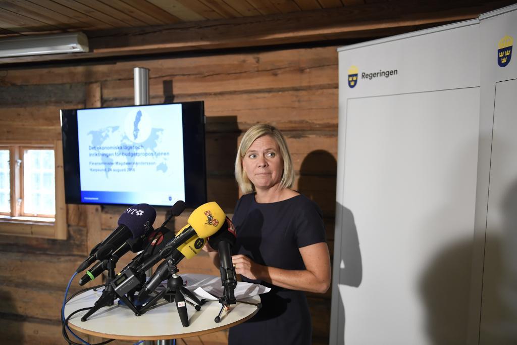 Finansminister Magdalena Andersson och Per Bolund svarar på frågor när regeringen samlas inför ett regeringssammanträde på Harpsund. (Foto: Maja Suslin/TT)