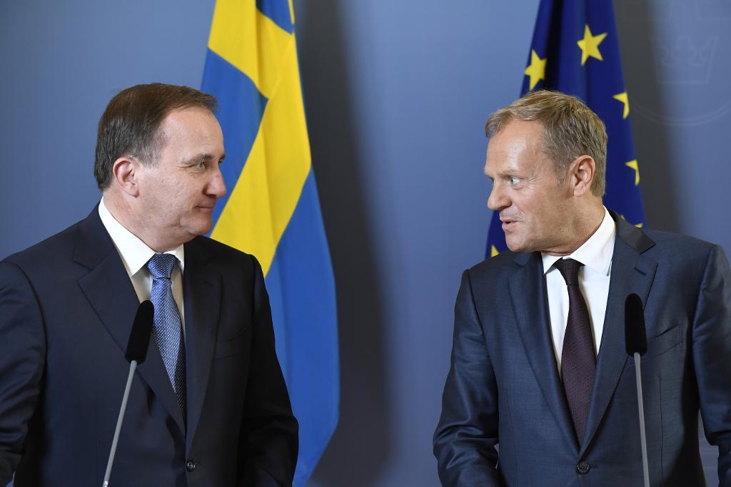 Statsminister Stefan Löfven (S) och EU:s permanente rådsordförande Donald Tusk under en gemensam pressträff på Rosenbad. (Foto: Marcus Ericsson/TT)