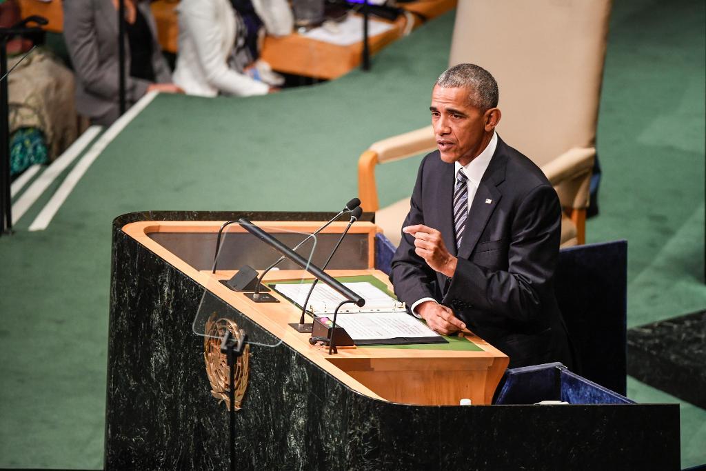 USA:s President Barack Obama håller sitt tal i FN:s generalförsamling vid öppningen av den 71:a sessionen i FN. (Foto: Pontus Lundahl/TT)