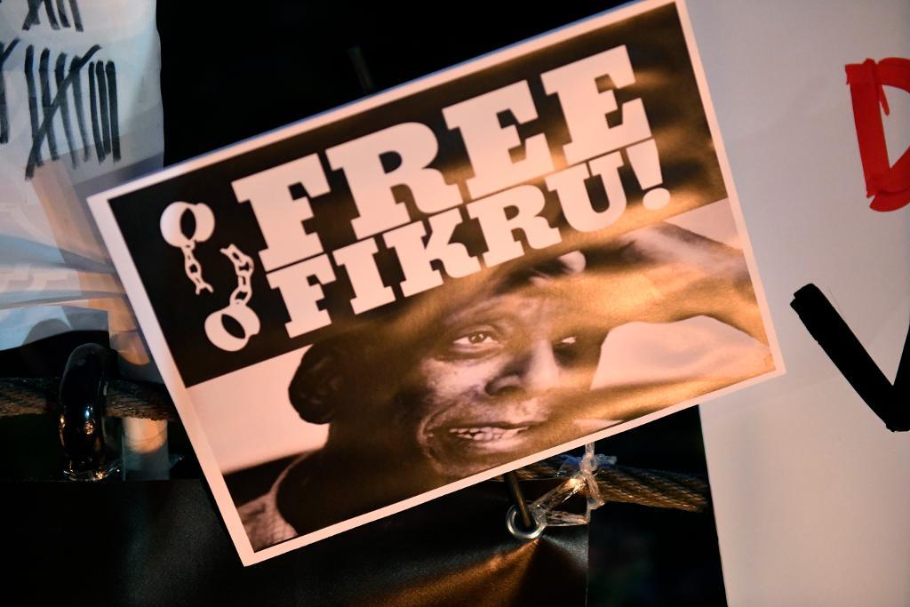 Plakat vid en manifestation för frigivandet av läkaren Fikru Maru. (Foto: Henrik Montgomery/TT)