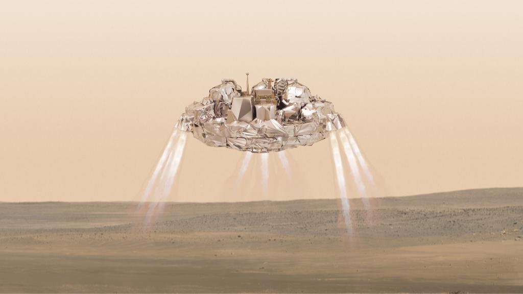 Illustration av hur det bör ha sett ut när Schiaparelli gick in för landning på Mars i onsdags eftermiddags svensk tid. Men vad hände sedan? (illustration: ESA ATG-medialab M Thiebaut)